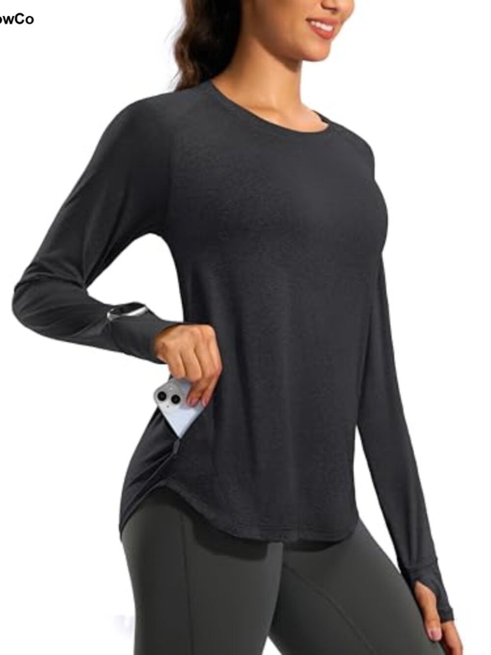 Womens Long Sleeve Workout Top Zip Pocket UPF 50+ Thumbhole Running Shirt